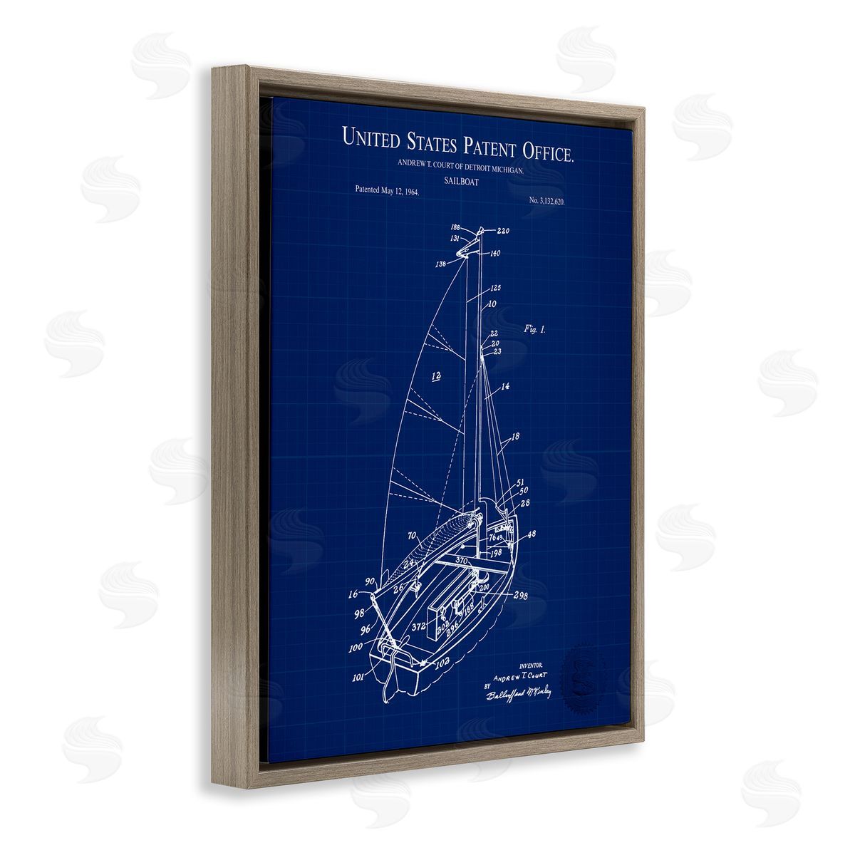 Karl Hronek Sailboat Watercraft Blue Patent Office Diagram Blueprint Brown Floating Frame Canvas Wall Art Print