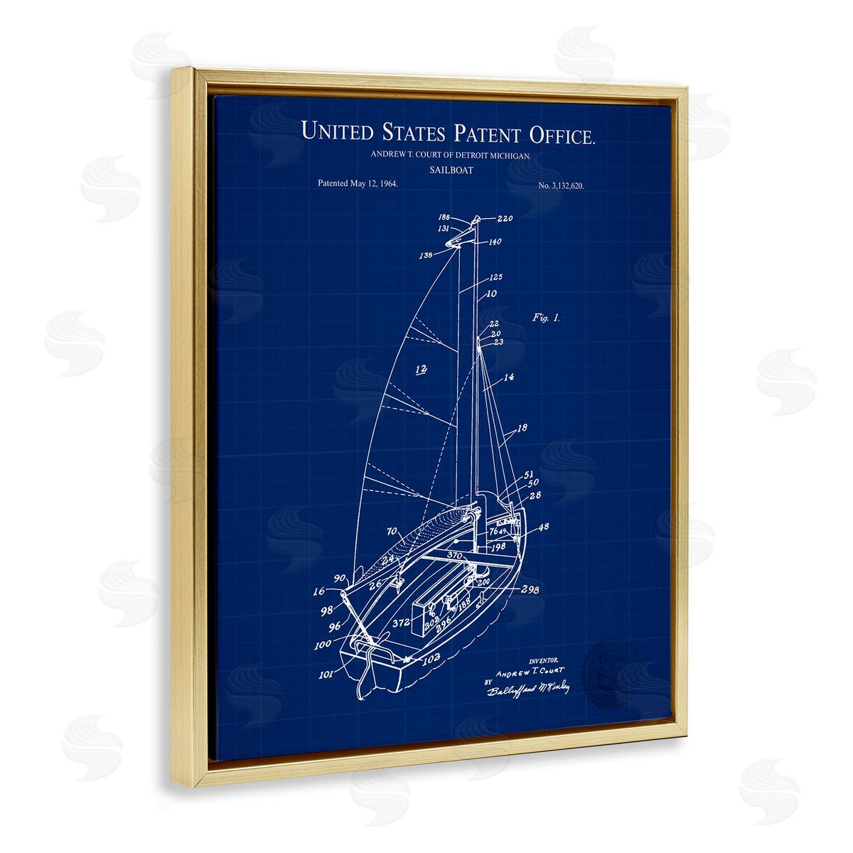 Karl Hronek Sailboat Watercraft Blue Patent Office Diagram Blueprint Gold Floating Frame Canvas Wall Art Print
