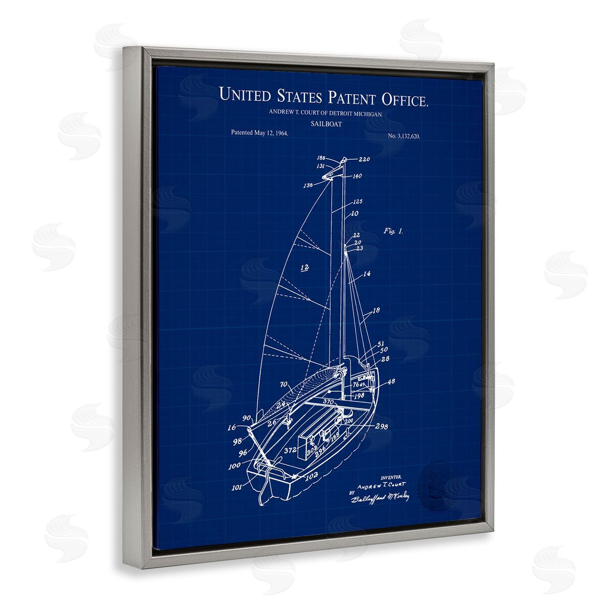 Karl Hronek Sailboat Watercraft Blue Patent Office Diagram Blueprint Gray Floating Frame Canvas Wall Art Print