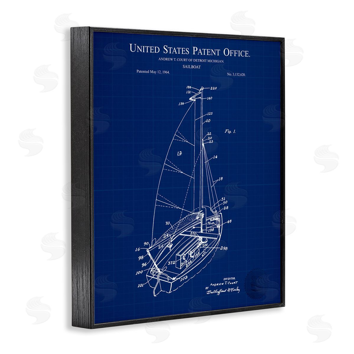Karl Hronek Sailboat Watercraft Blue Patent Office Diagram Blueprint Black Framed Giclee Wall Art Print