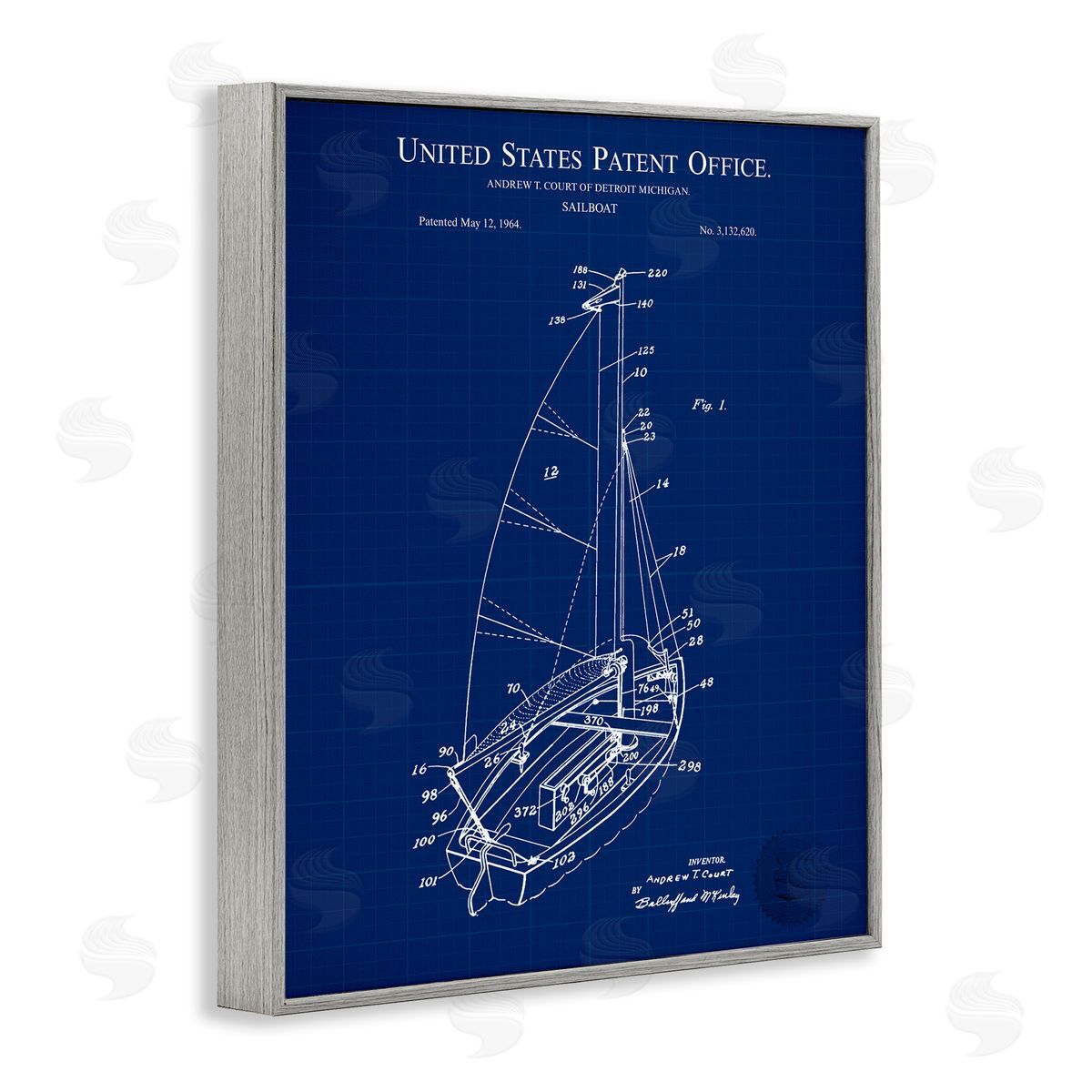 Karl Hronek Sailboat Watercraft Blue Patent Office Diagram Blueprint Gray Framed Giclee Wall Art Print