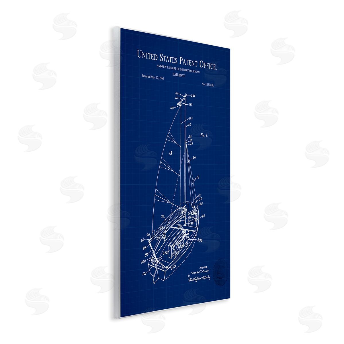 Karl Hronek Sailboat Watercraft Blue Patent Office Diagram Blueprint Wall Plaque Art Print