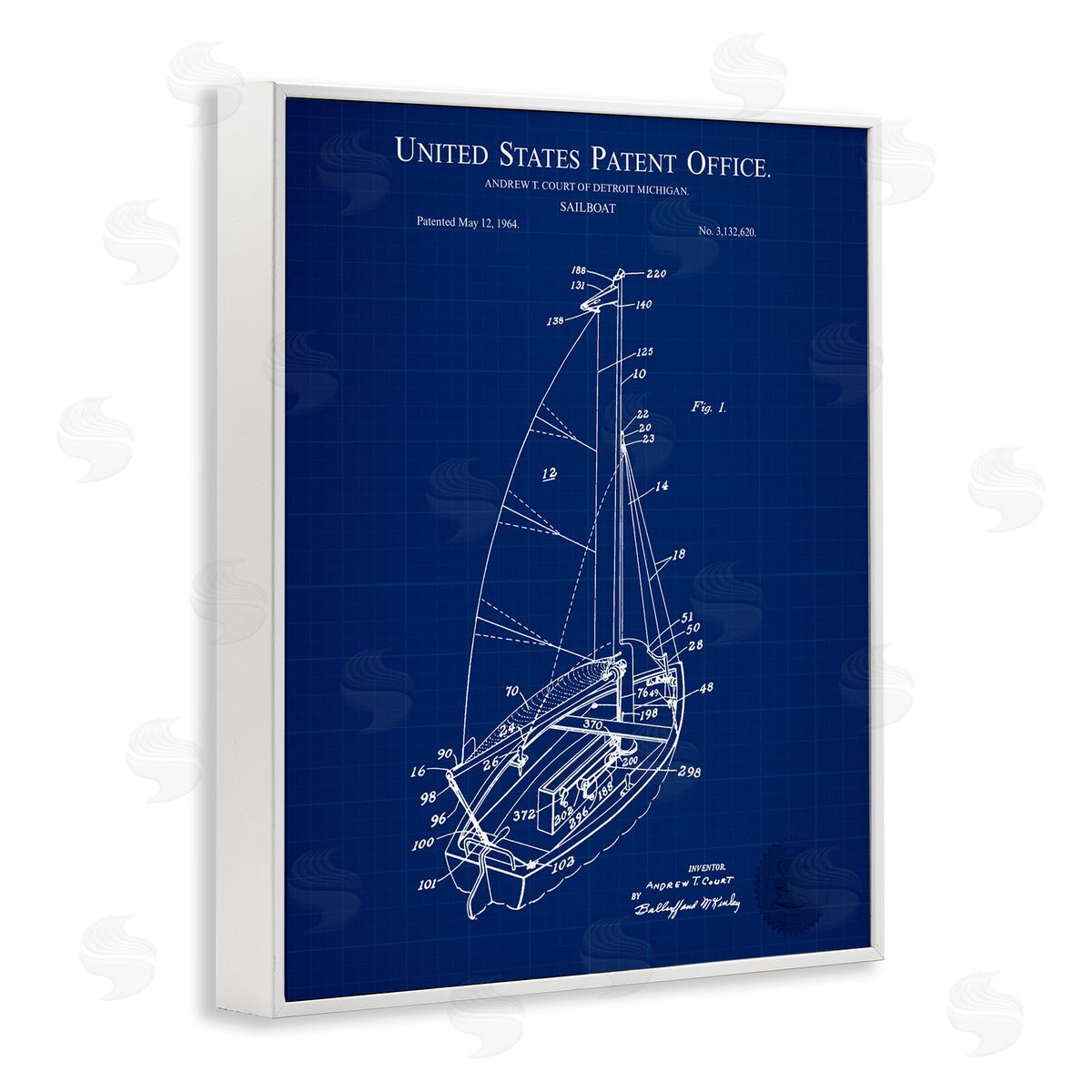 Karl Hronek Sailboat Watercraft Blue Patent Office Diagram Blueprint White Framed Giclee Wall Art Print