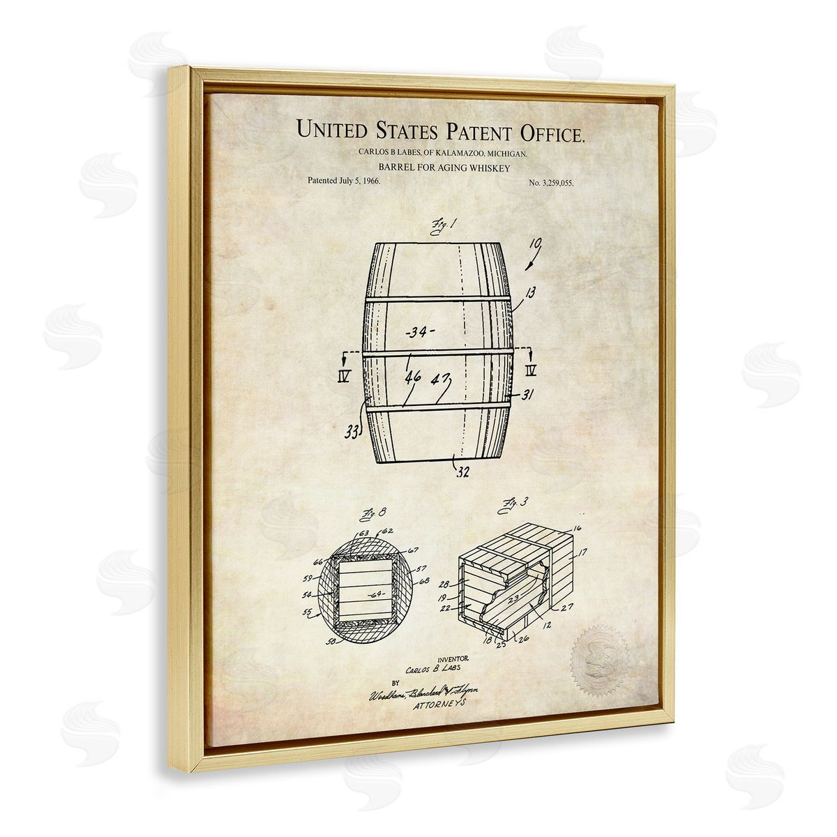 Karl Hronek Whiskey Aging Barrel Liquor Diagram Patent Gold Floating Frame Canvas Wall Art Print