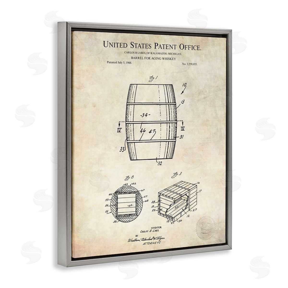 Karl Hronek Whiskey Aging Barrel Liquor Diagram Patent Gray Floating Frame Canvas Wall Art Print