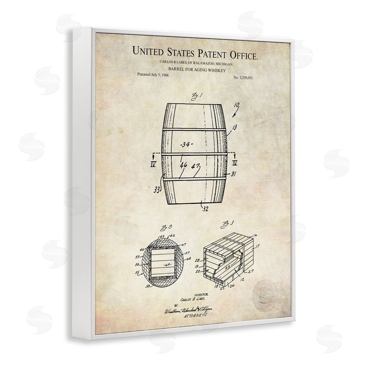 Karl Hronek Whiskey Aging Barrel Liquor Diagram Patent White Framed Giclee Wall Art Print