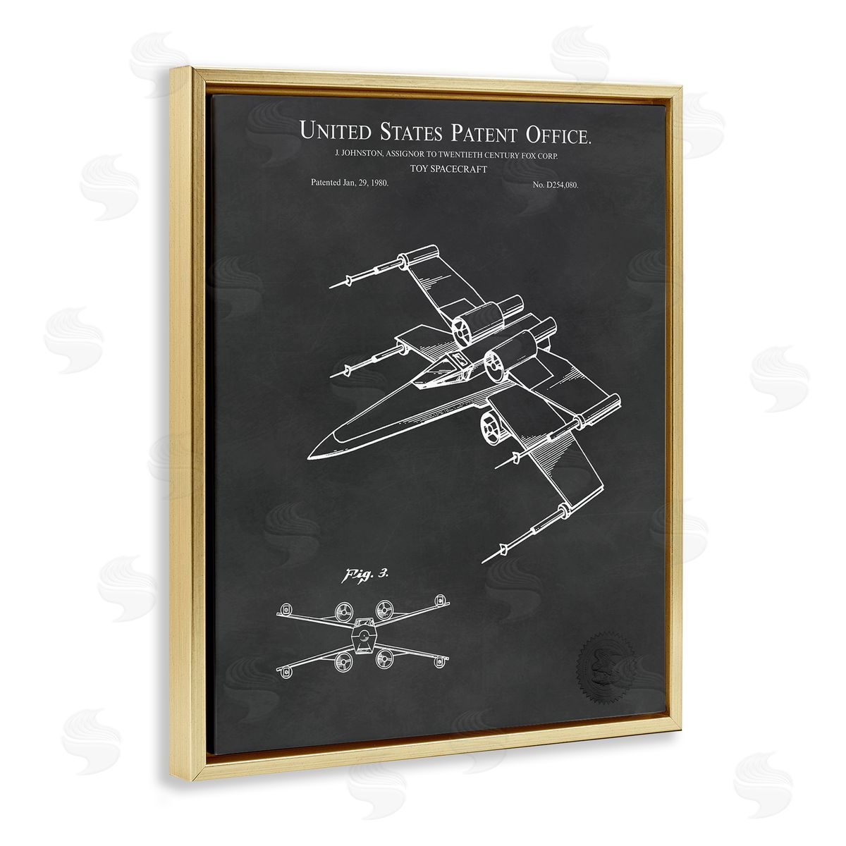 Karl Hronek Vintage Spacecraft Aircraft Patent Office Diagram Blueprint  Gold Floating Frame Canvas Wall Art Print
