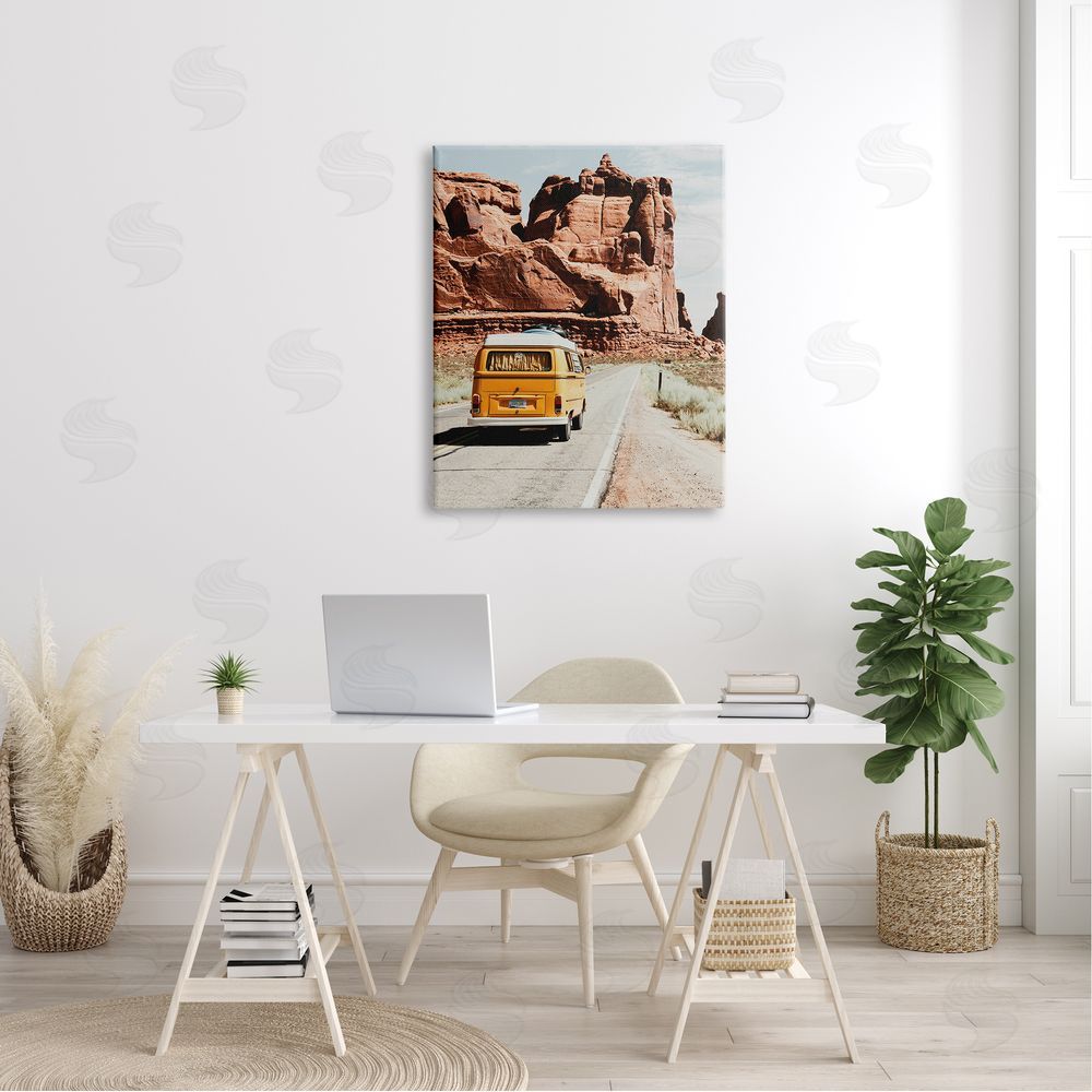 Amy Brinkman Yellow Van Driving Canyon Desert Rural Road Canvas Wall Art Print in Room