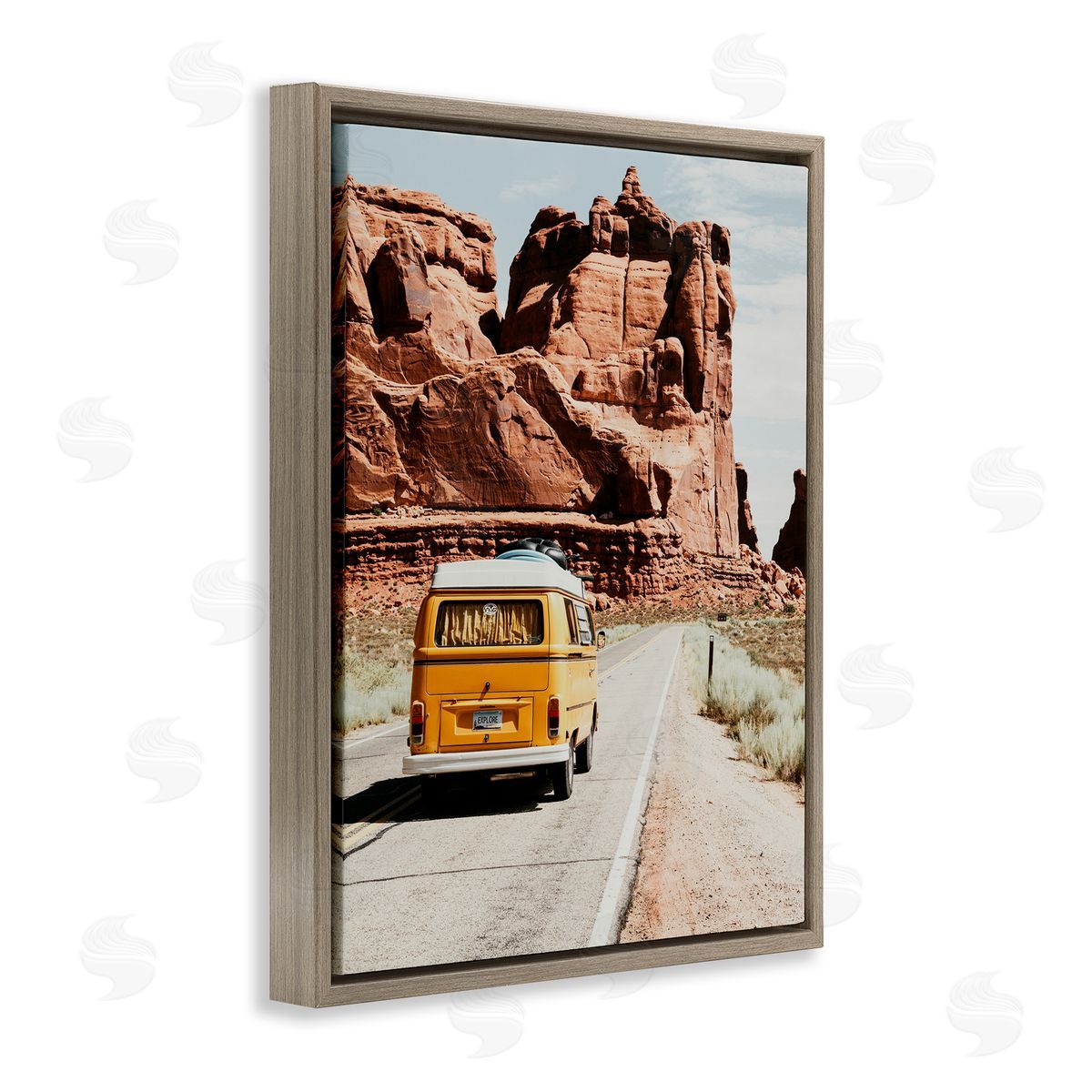 Amy Brinkman Yellow Van Driving Canyon Desert Rural Road Brown Floating Frame Canvas Wall Art Print