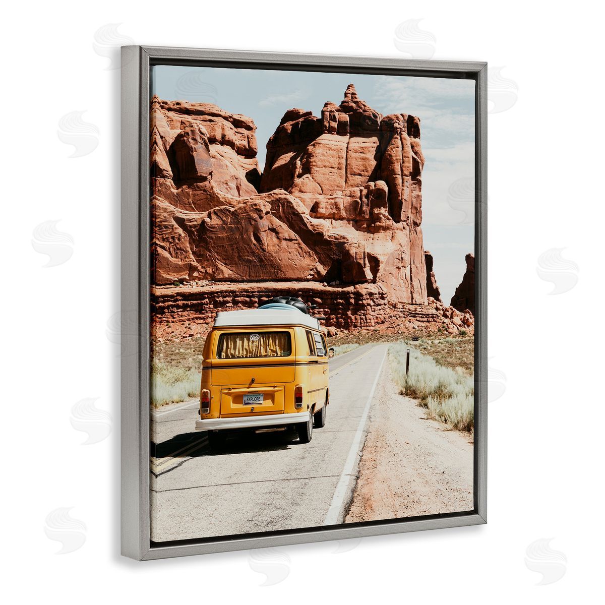 Amy Brinkman Yellow Van Driving Canyon Desert Rural Road Gray Floating Frame Canvas Wall Art Print