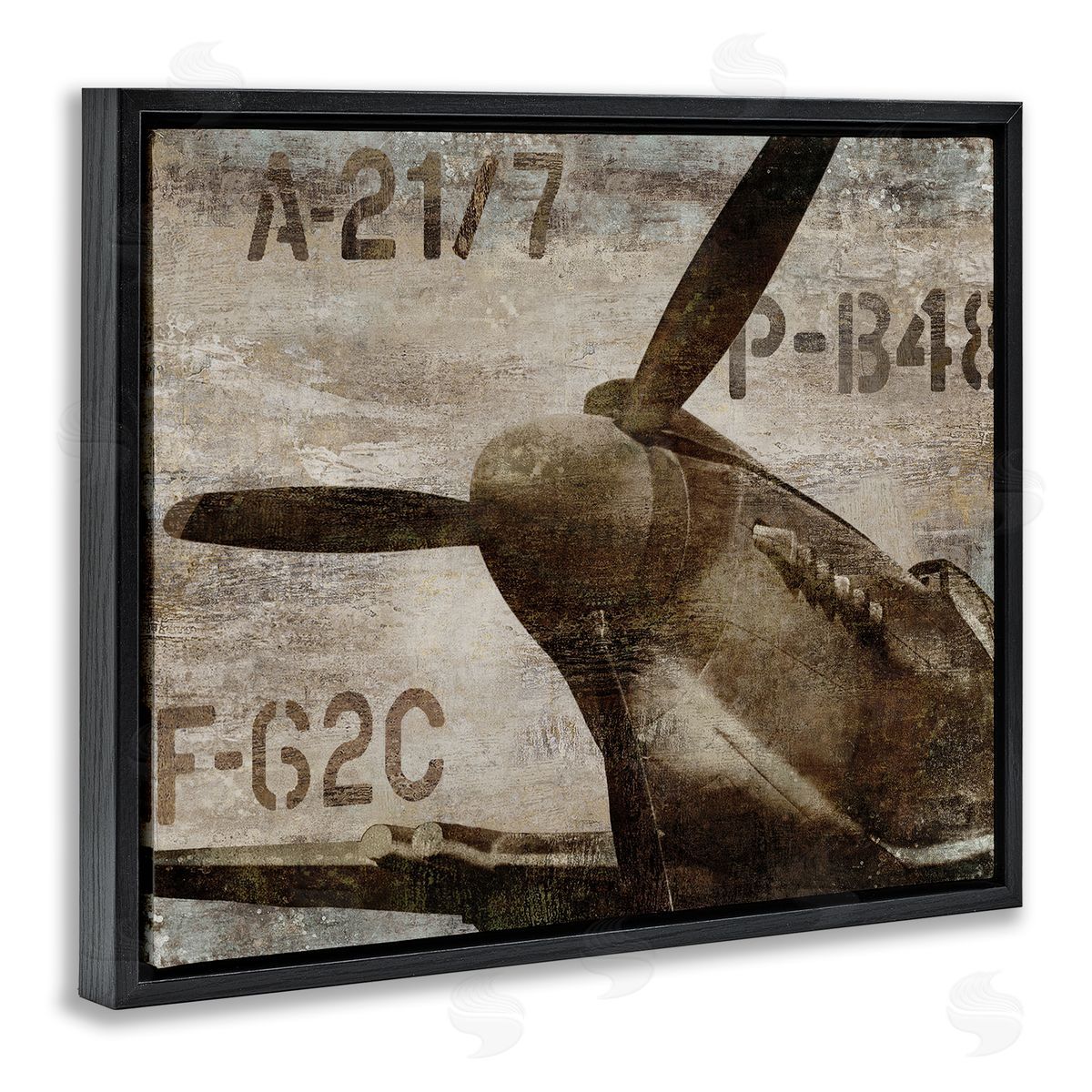 Dylan Matthews Vintage Airplane Propeller Aircraft Sepia Monochrome  Black Floating Frame Canvas Wall Art Print