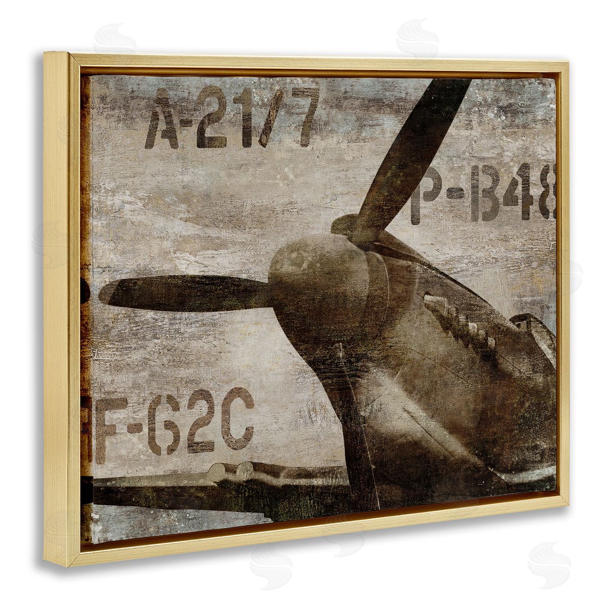 Dylan Matthews Vintage Airplane Propeller Aircraft Sepia Monochrome  Gold Floating Frame Canvas Wall Art Print