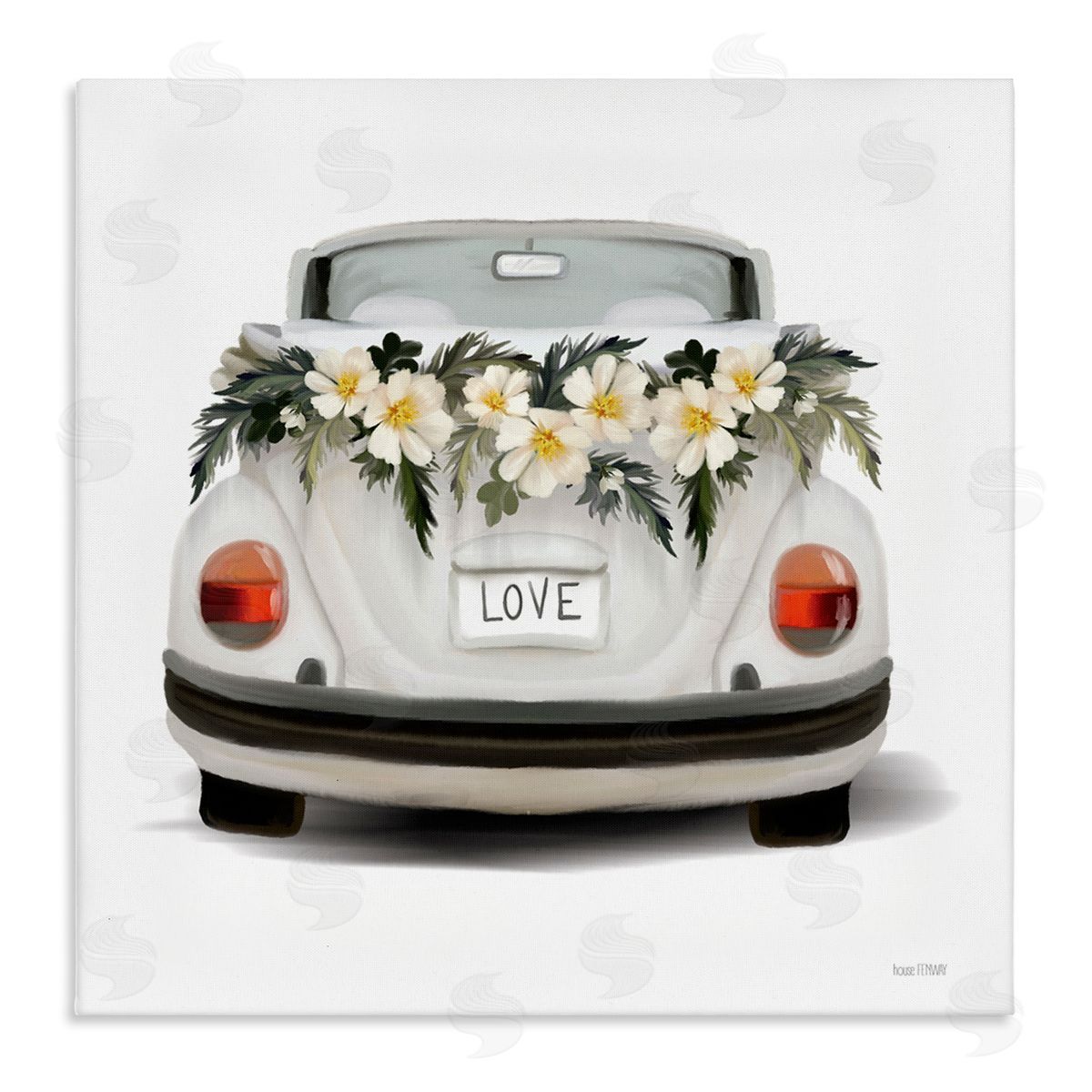 House Fenway Love Text White Convertible Car Flower Blossom Wreath Stretched Canvas Wall Art Print