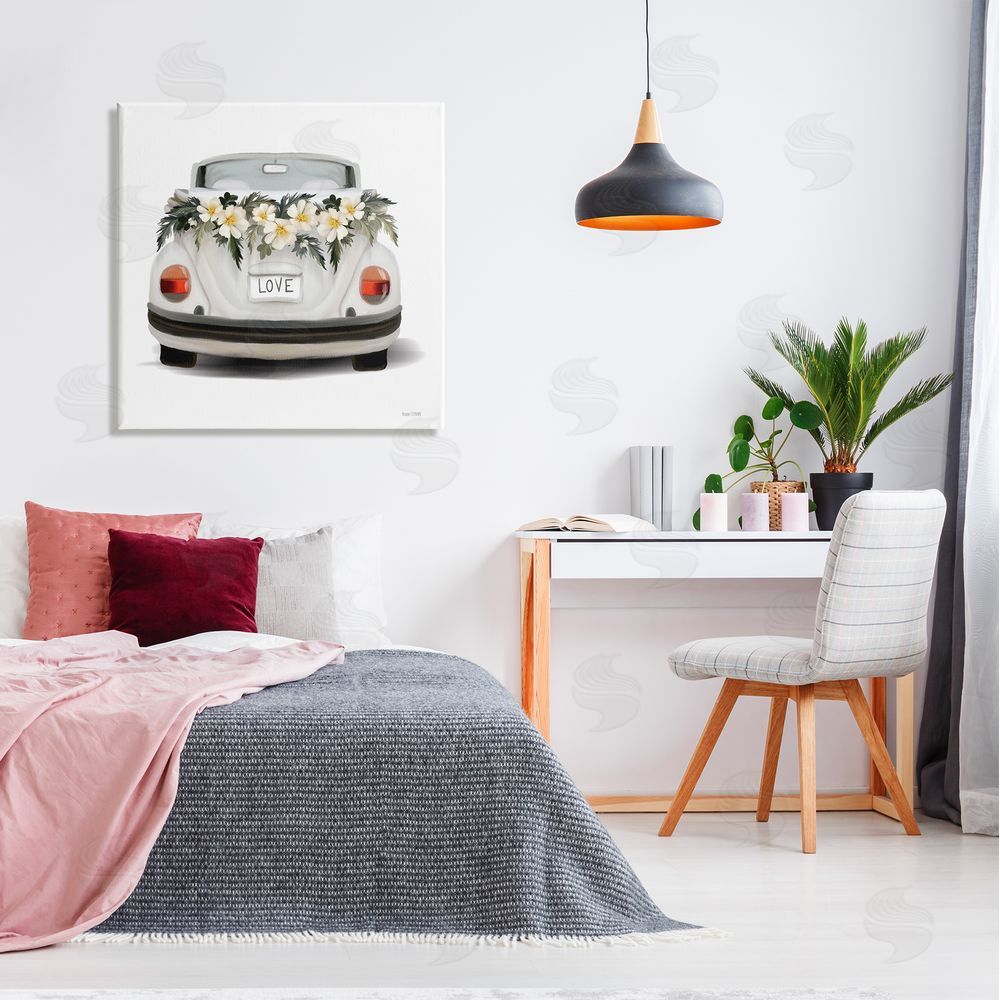 House Fenway Love Text White Convertible Car Flower Blossom Wreath Canvas Wall Art in Room