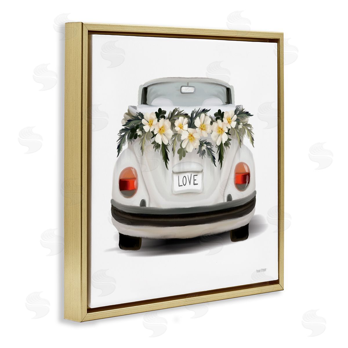House Fenway Love Text White Convertible Car Flower Blossom Wreath Gold Floating Frame Canvas Wall Art Print