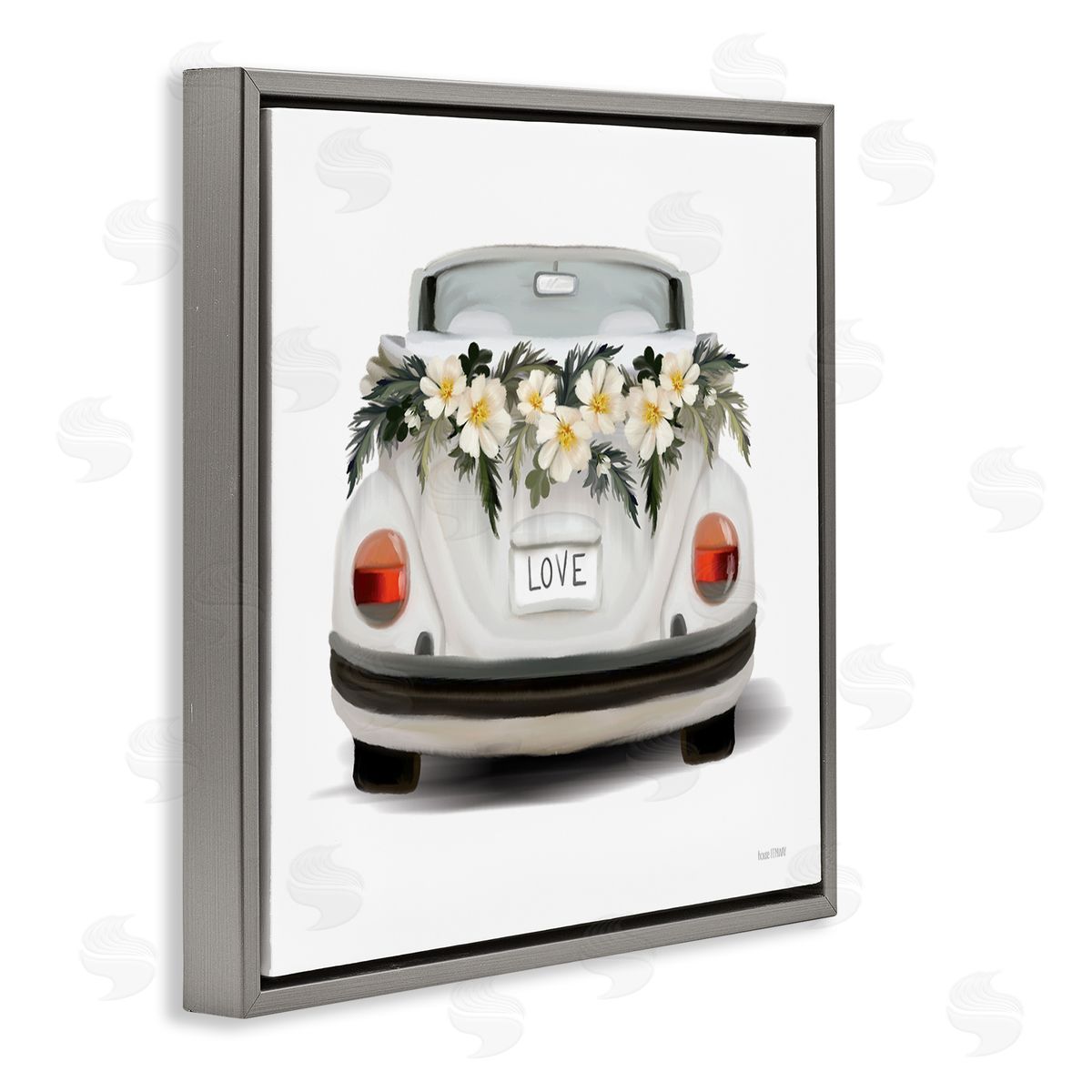 House Fenway Love Text White Convertible Car Flower Blossom Wreath Gray Floating Frame Canvas Wall Art Print