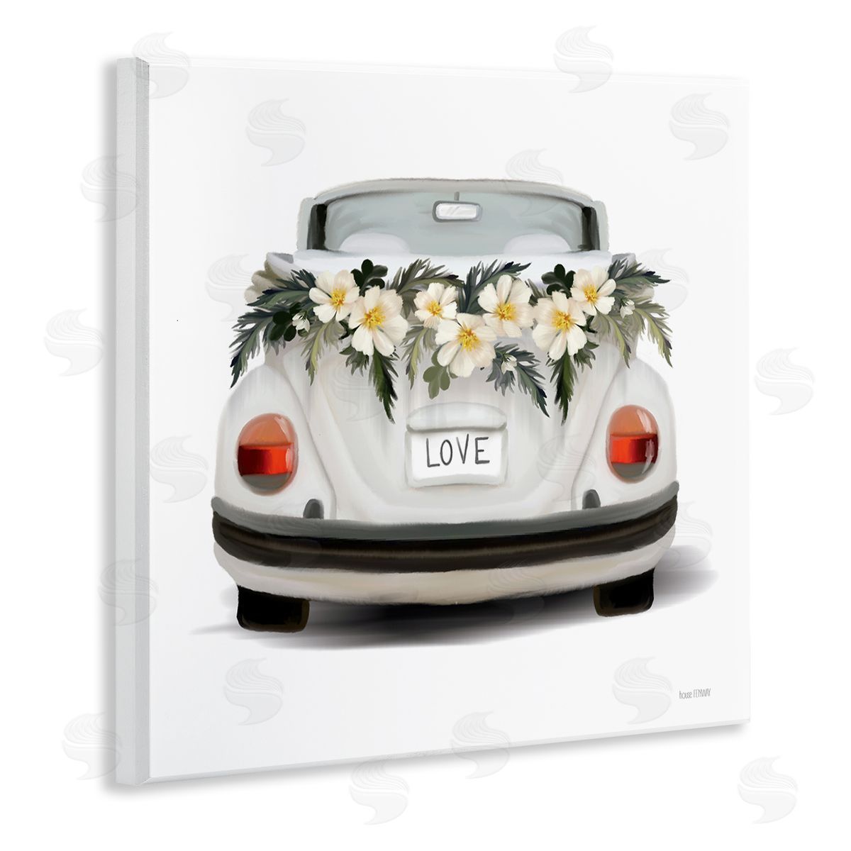 House Fenway Love Text White Convertible Car Flower Blossom Wreath Wooden Wall Plaque Art Print