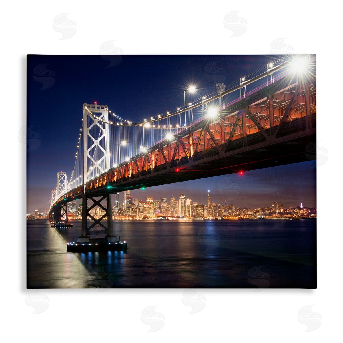 John Gavrilis Illuminated Water Ocean Bridge Urban City Skyline  Stretched Canvas Wall Art Print