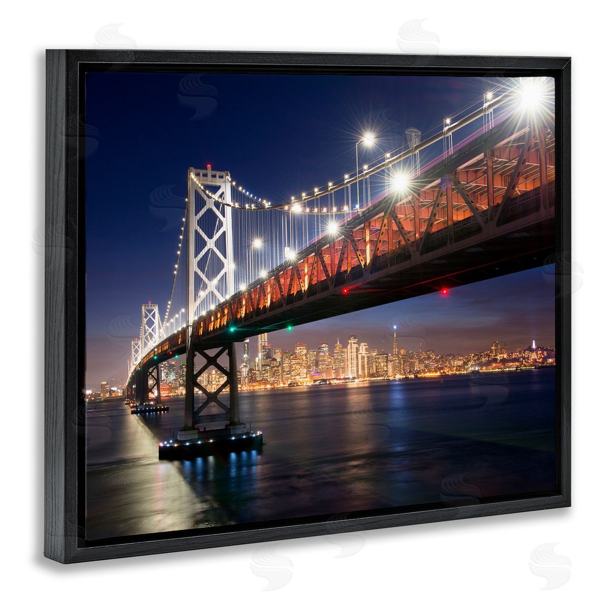 John Gavrilis Illuminated Water Ocean Bridge Urban City Skyline  Black Floating Frame Canvas Wall Art Print