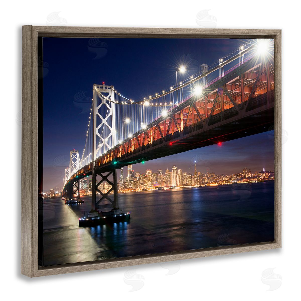 John Gavrilis Illuminated Water Ocean Bridge Urban City Skyline  Brown Floating Frame Canvas Wall Art Print