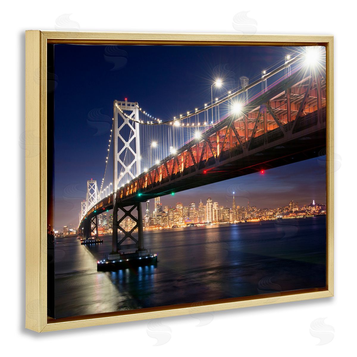 John Gavrilis Illuminated Water Ocean Bridge Urban City Skyline  Gold Floating Frame Canvas Wall Art Print