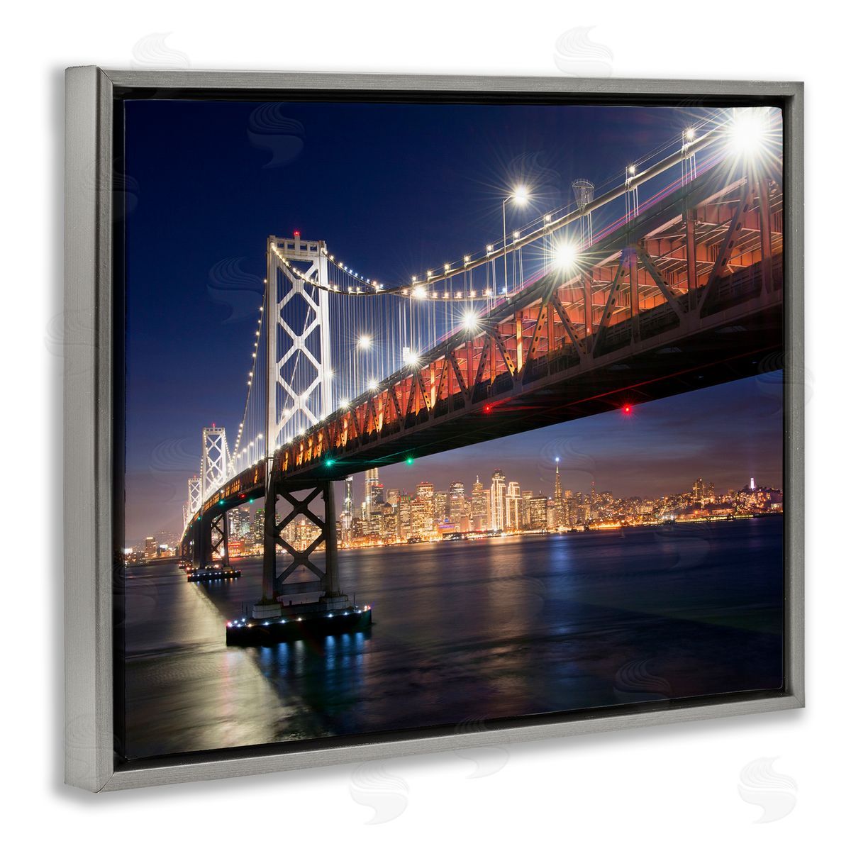 John Gavrilis Illuminated Water Ocean Bridge Urban City Skyline  Gray Floating Frame Canvas Wall Art Print