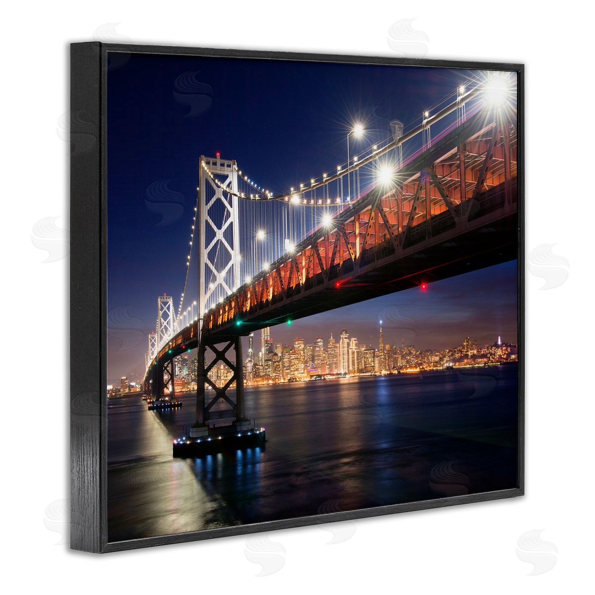 John Gavrilis Illuminated Water Ocean Bridge Urban City Skyline  Black Framed Giclee Wall Art Print