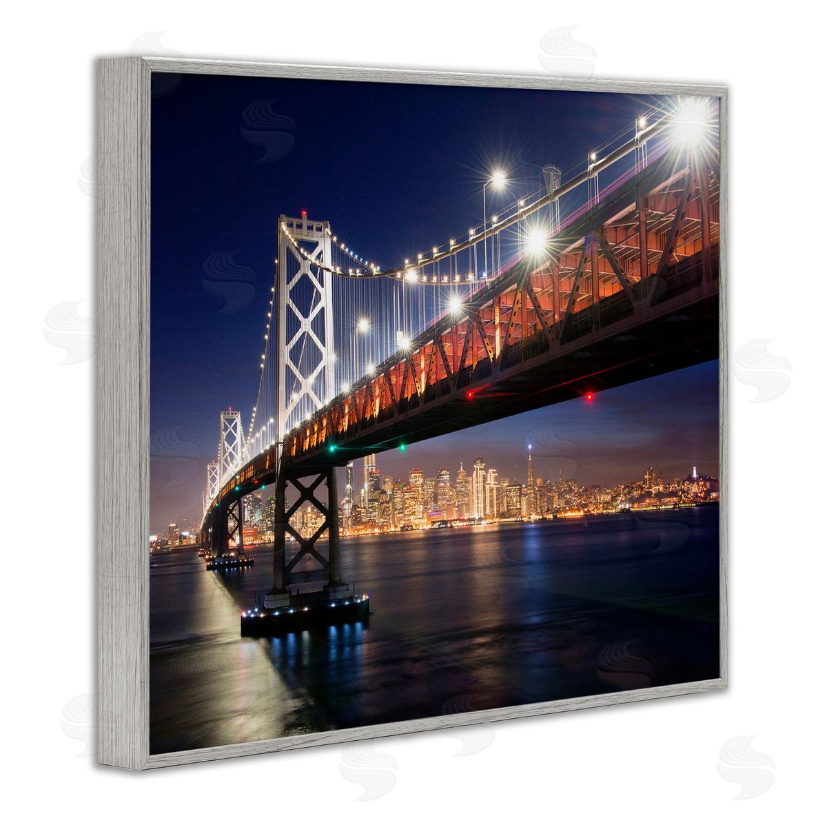 John Gavrilis Illuminated Water Ocean Bridge Urban City Skyline  Gray Framed Giclee Wall Art Print