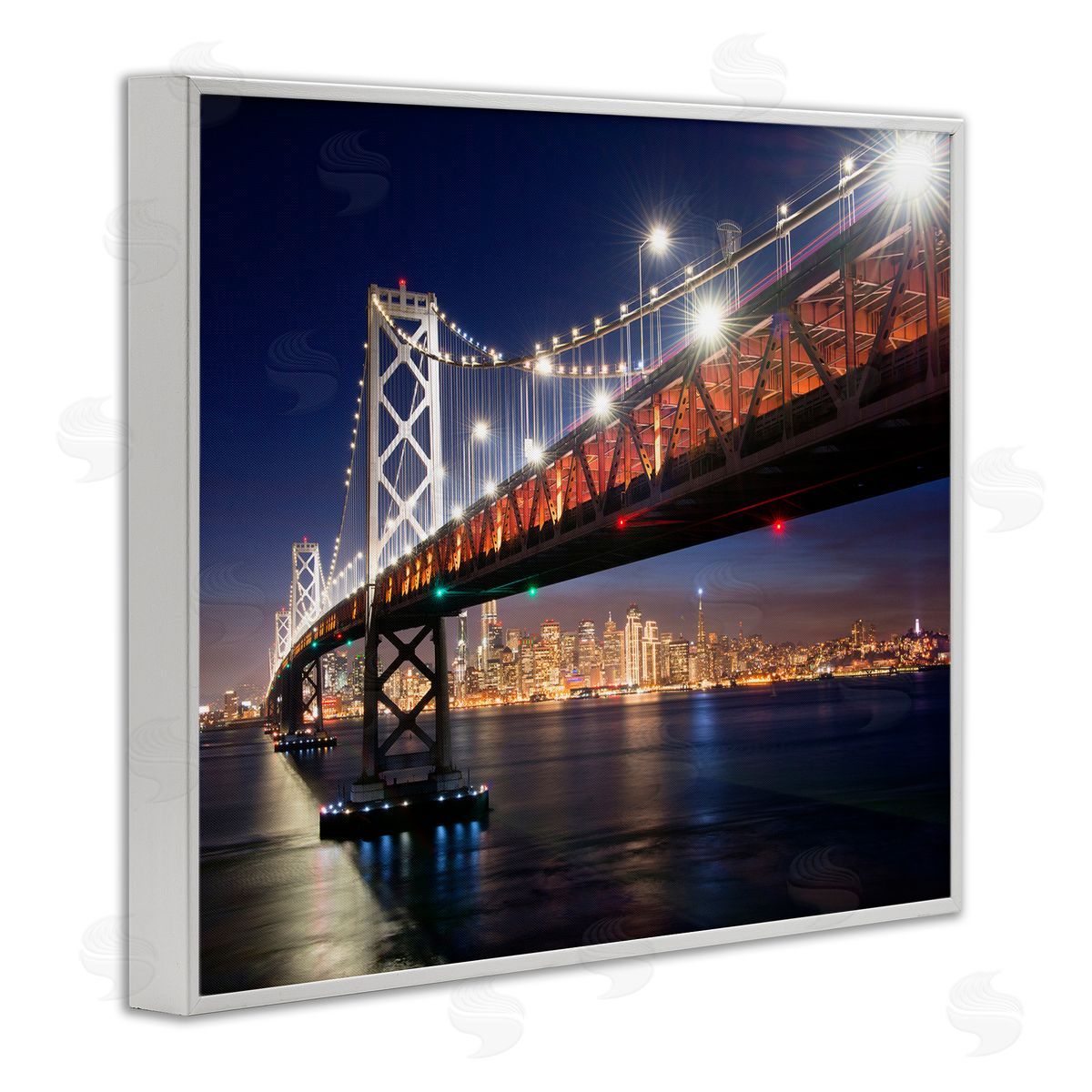 John Gavrilis Illuminated Water Ocean Bridge Urban City Skyline  White Framed Giclee Wall Art Print