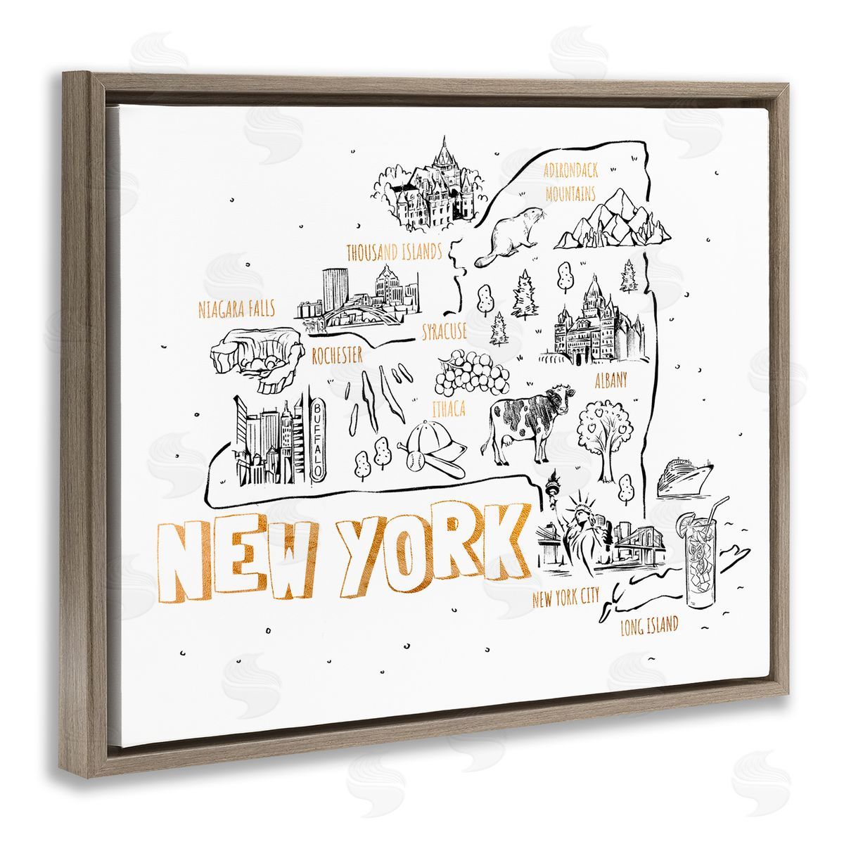 Ziwei Li New York Landmarks Text Diagram Glam  Brown Floating Frame Canvas Wall Art Print