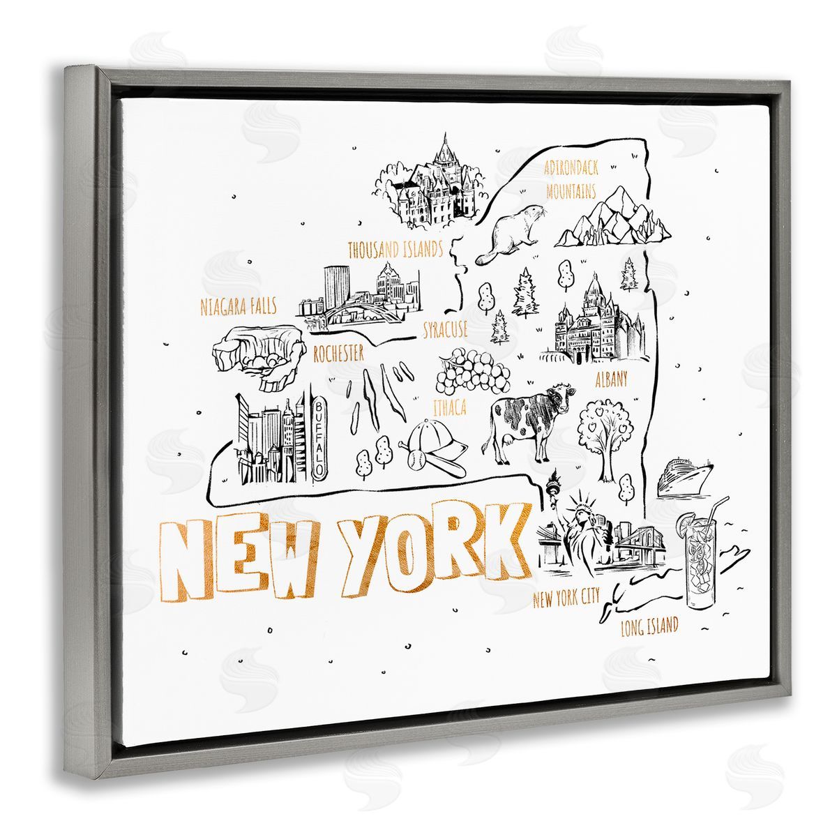 Ziwei Li New York Landmarks Text Diagram Glam  Gray Floating Frame Canvas Wall Art Print