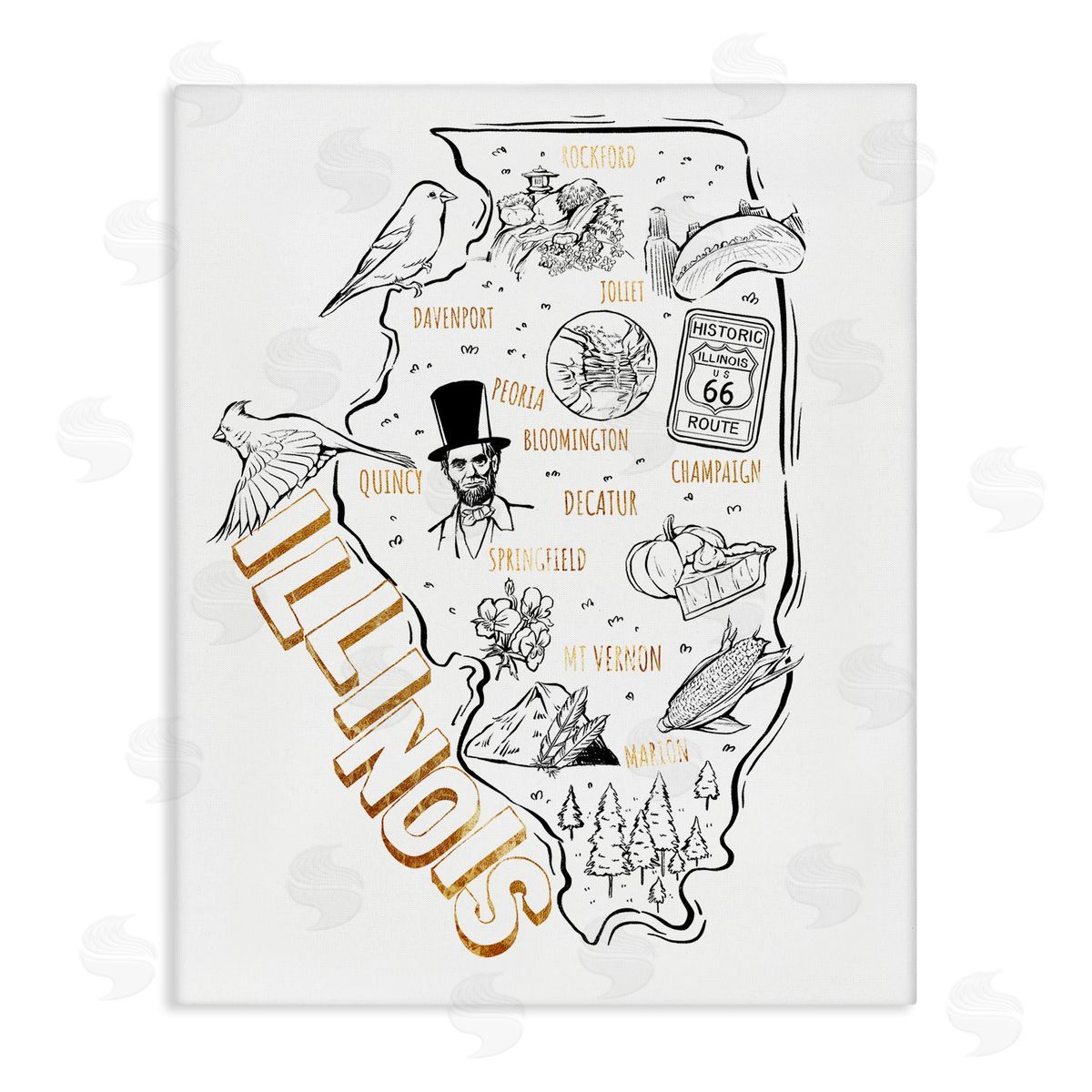 Ziwei Li Illinois State Landmark Map Glam Detail Text  Stretched Canvas Wall Art Print