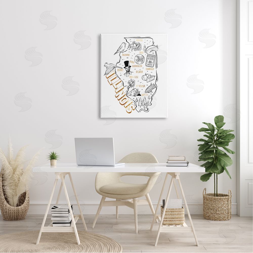 Ziwei Li Illinois State Landmark Map Glam Detail Text  Canvas Wall Art Print in Room