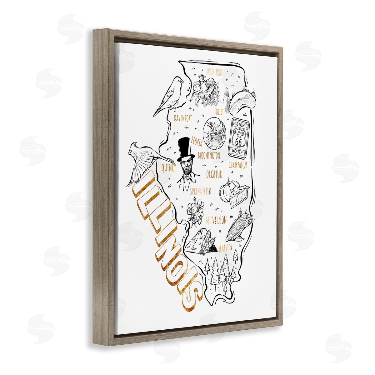 Ziwei Li Illinois State Landmark Map Glam Detail Text  Brown Floating Frame Canvas Wall Art Print