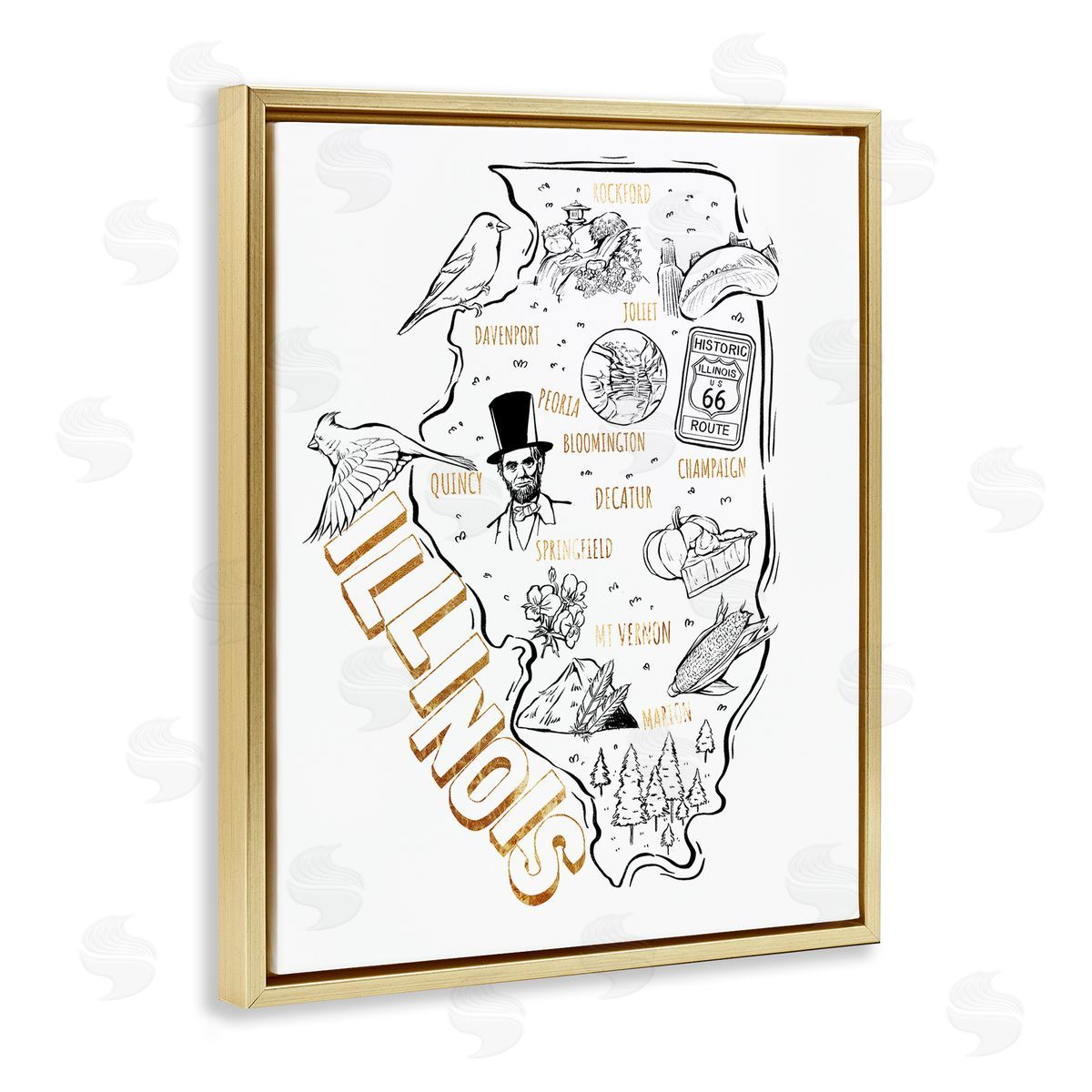 Ziwei Li Illinois State Landmark Map Glam Detail Text  Gold Floating Frame Canvas Wall Art Print