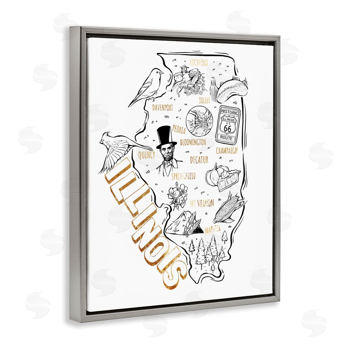 Ziwei Li Illinois State Landmark Map Glam Detail Text  Gray Floating Frame Canvas Wall Art Print