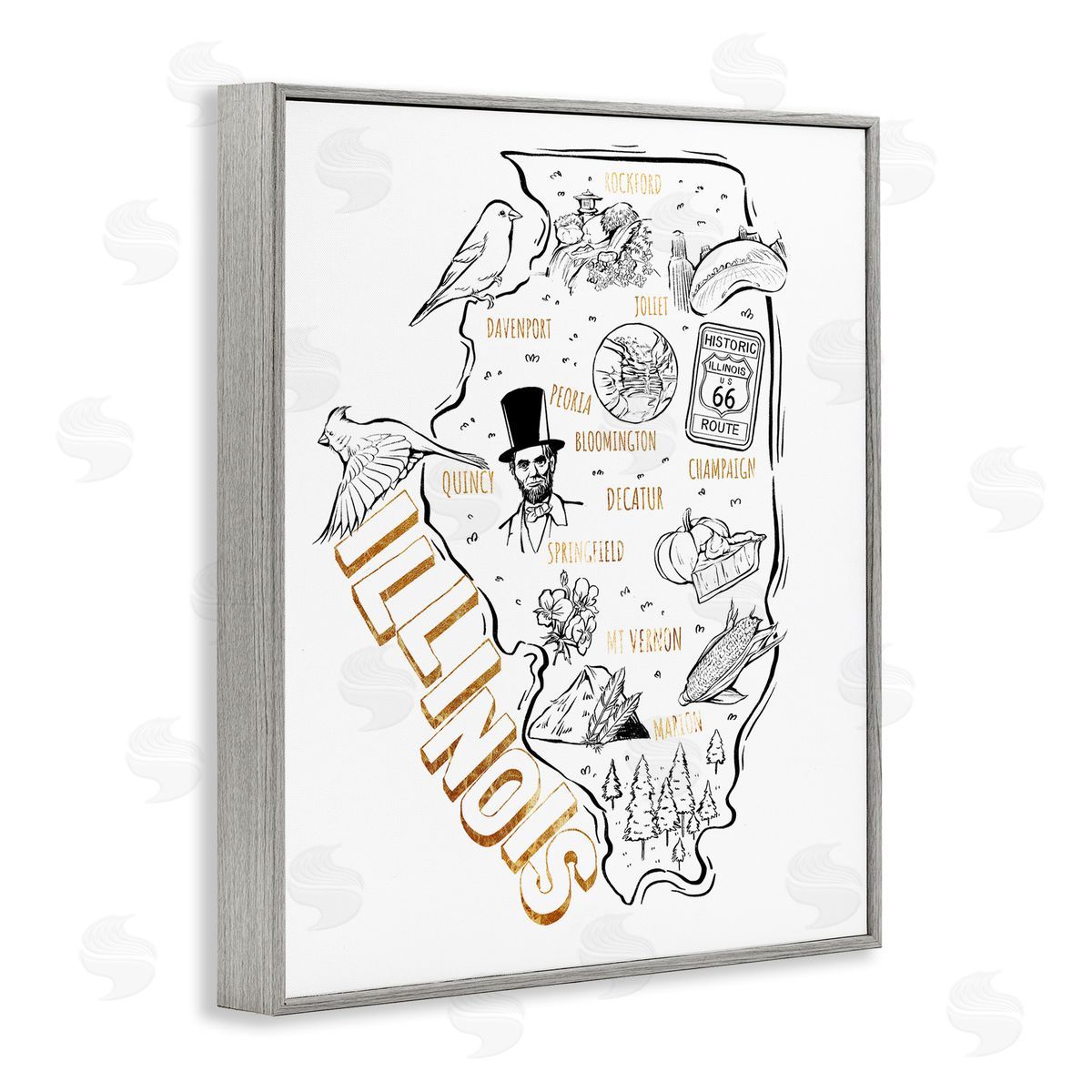 Ziwei Li Illinois State Landmark Map Glam Detail Text  Gray Framed Giclee Wall Art Print