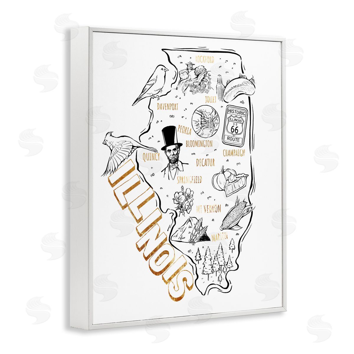Ziwei Li Illinois State Landmark Map Glam Detail Text  White Framed Giclee Wall Art Print
