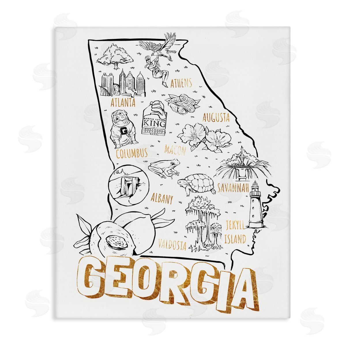 Ziwei Li Georgia Map Landmark Diagram Typography  Stretched Canvas Wall Art Print