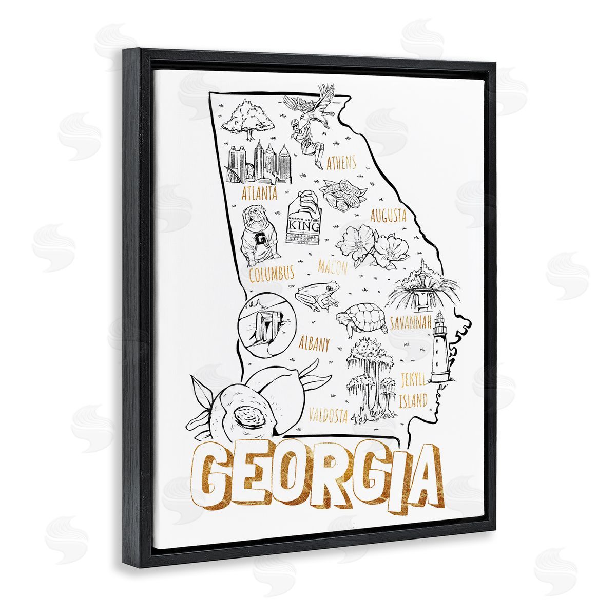 Ziwei Li Georgia Map Landmark Diagram Typography  Black Floating Frame Canvas Wall Art Print