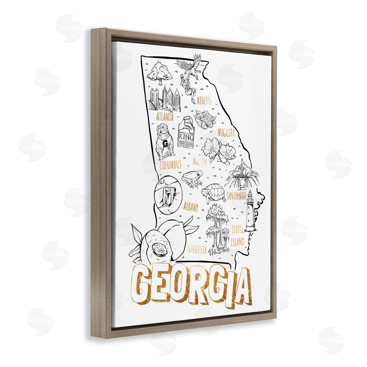 Ziwei Li Georgia Map Landmark Diagram Typography  Brown Floating Frame Canvas Wall Art Print