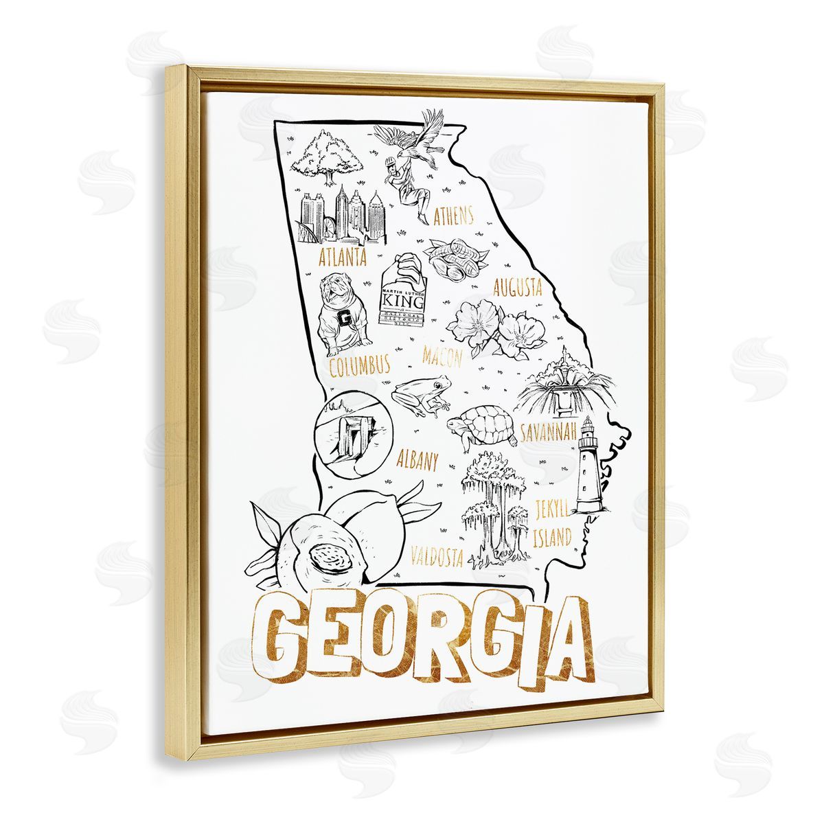 Ziwei Li Georgia Map Landmark Diagram Typography  Gold Floating Frame Canvas Wall Art Print
