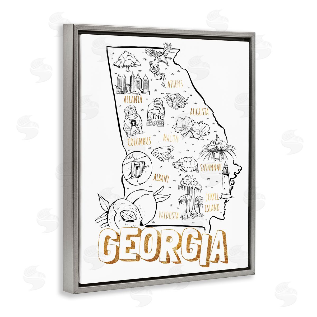 Ziwei Li Georgia Map Landmark Diagram Typography  Gray Floating Frame Canvas Wall Art Print