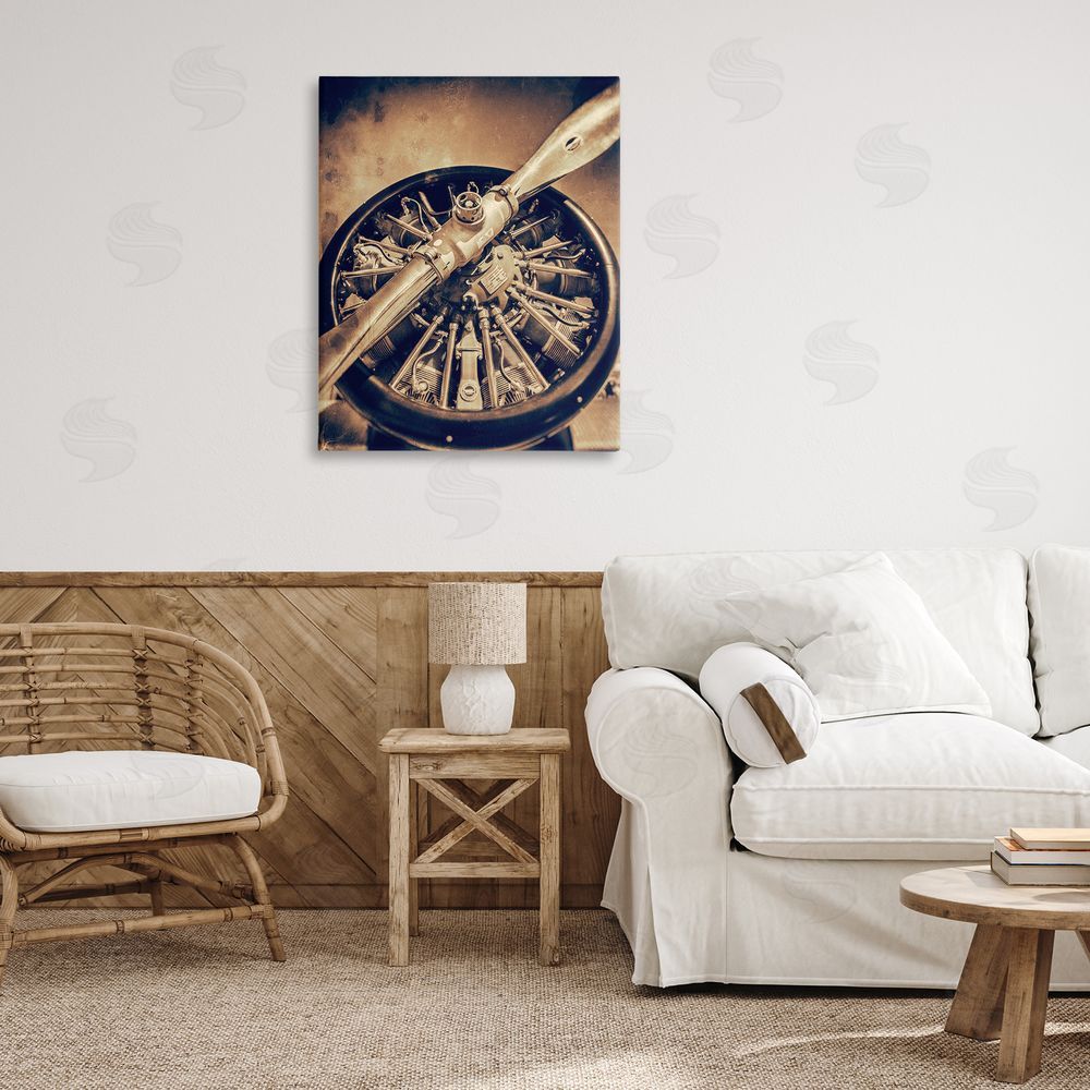 John Slemp Propeller Machinery Detailed Aircraft Sepia Photography  Canvas Wall Art Print in Room