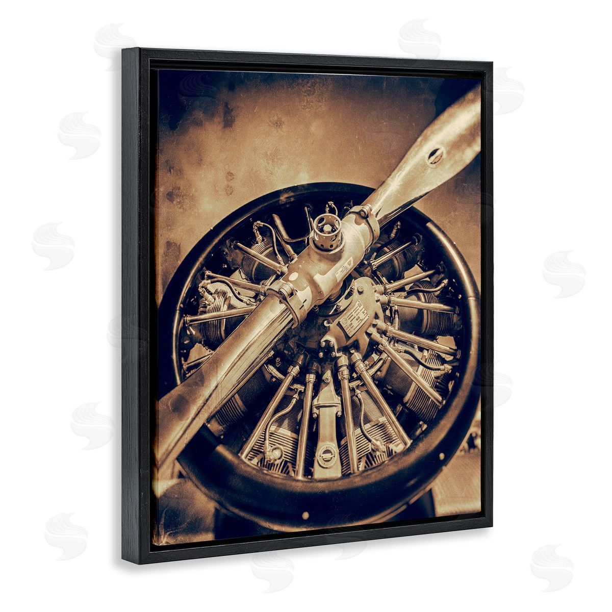 John Slemp Propeller Machinery Detailed Aircraft Sepia Photography  Black Floating Frame Canvas Wall Art Print