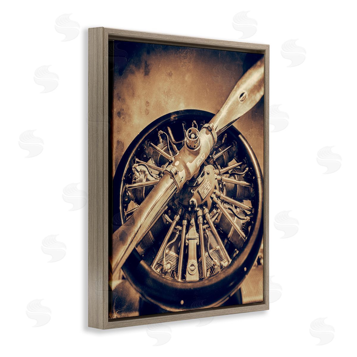 John Slemp Propeller Machinery Detailed Aircraft Sepia Photography  Brown Floating Frame Canvas Wall Art Print