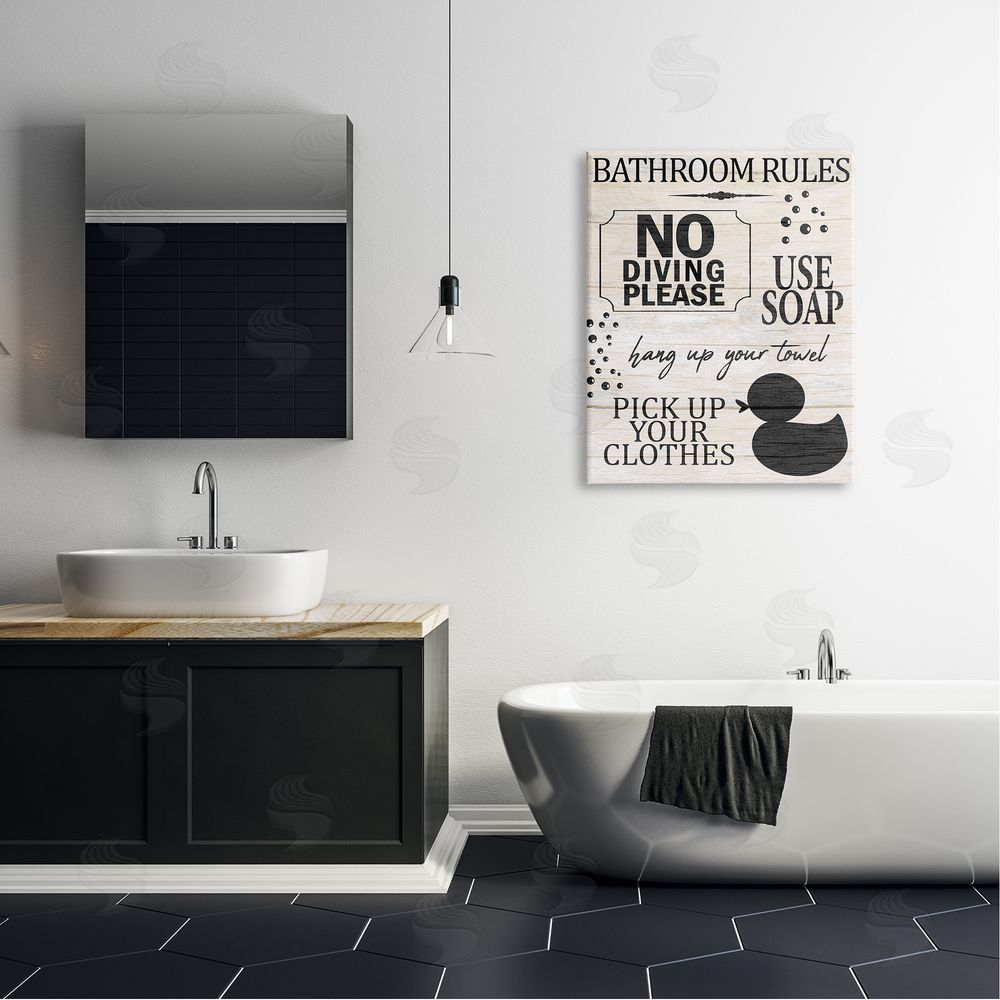 Kim Allen Bathroom Rules Rustic Grain Pattern Sign  Canvas Wall Art Print in Room
