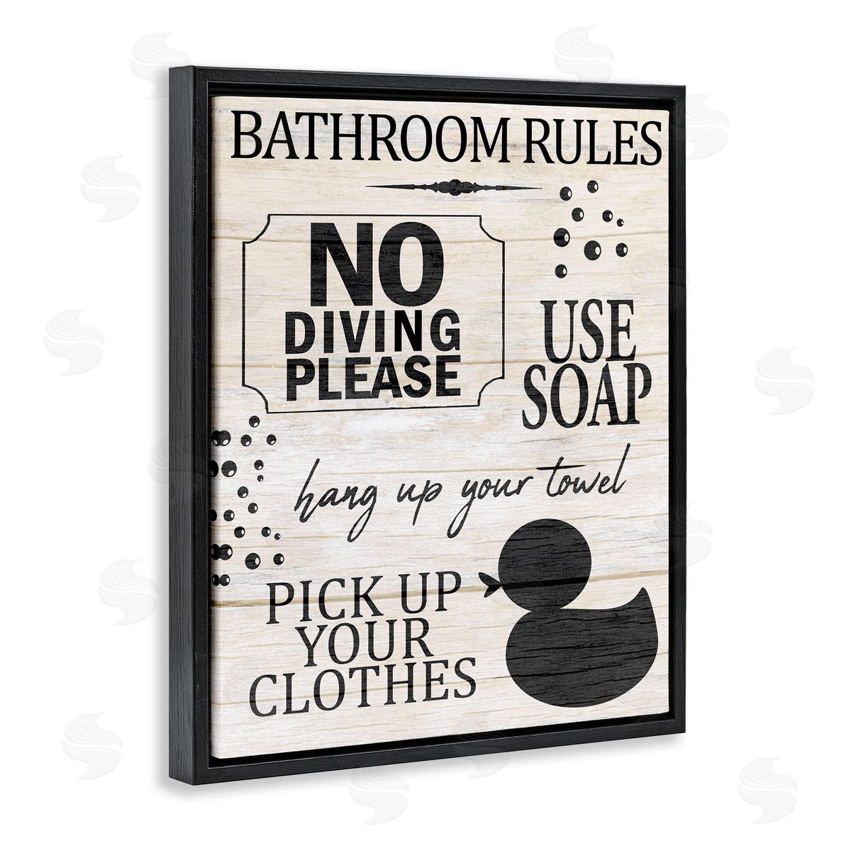 Kim Allen Bathroom Rules Rustic Grain Pattern Sign  Black Floating Frame Canvas Wall Art Print