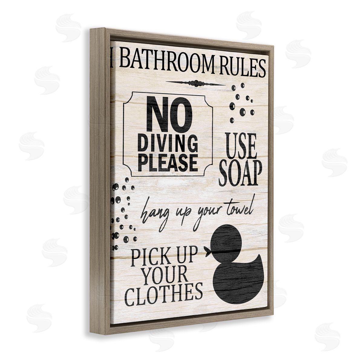 Kim Allen Bathroom Rules Rustic Grain Pattern Sign  Brown Floating Frame Canvas Wall Art Print