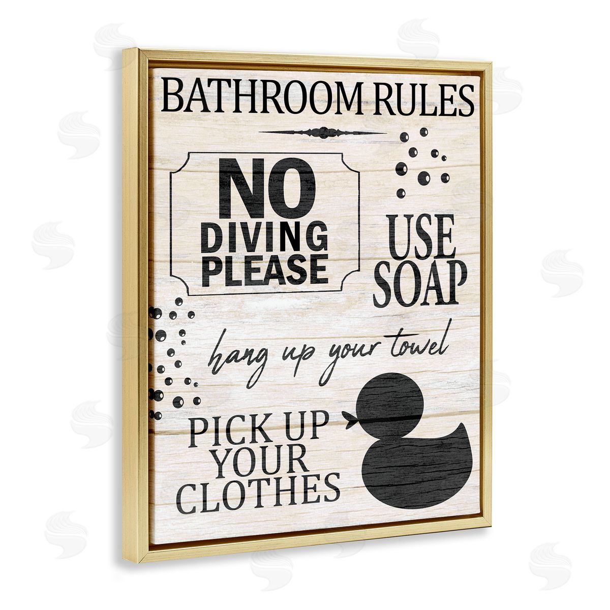 Kim Allen Bathroom Rules Rustic Grain Pattern Sign  Gold Floating Frame Canvas Wall Art Print